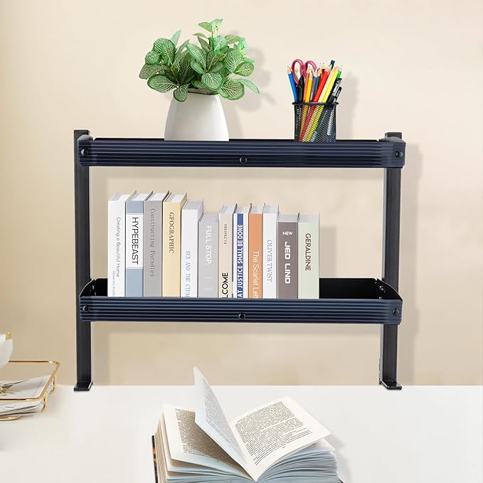 Clamp-on Desk Extension Shelf, 2 Tier Shelving Unit Above Desk, Carbon Steel 22lbs Strong Capacity Desk Organizer, Desktop Organizer Display Rack Storage Tray Desk Shelf, 17.32*15.47*6.in (black)