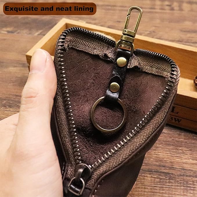 Medieval Leather Zipper Coin Pouch, Genuine Cowhide Handcrafted Coin Organizer Change Holder Keychain Coin Purse for Men & Women (Black)
