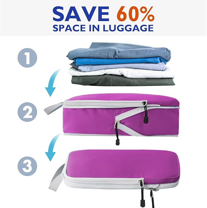 Compression Packing Cubes, 8 Set Packing Cubes for Travel Compression, Lightweight Compressible Package Organizer for Carry On and Suitcases, Purple and Grey