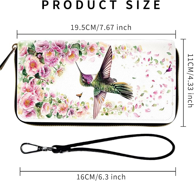 Wallet,Leather Long Wallet Suitable For Ladies And Teenagers - Detachable Wristband + RFID Travel Wallet With Card Slot - Hummingbird and Flowers