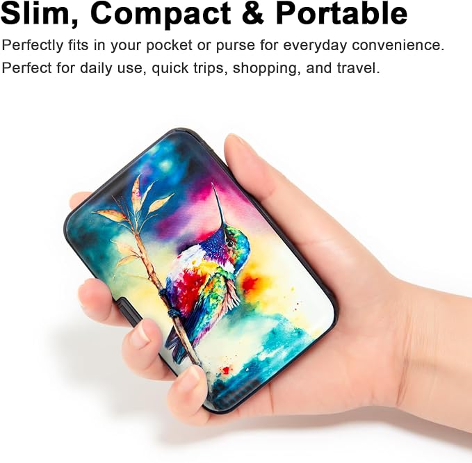 Credit Card Holder for Women Men RFID Blocking Wallet Small Business Metal Slim Mini Aluminum Hard Case (Watercolor Painting Hummingbird)