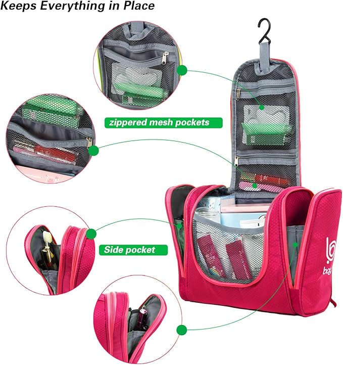 Bago Travel Toiletry Bag for Women and Men - Large Waterproof Hanging Large Toiletry Bag for Bathroom and Travelling Bag for Toiletries Organizer - Travel Makeup Bag (Pink)