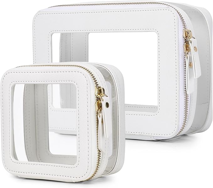 Pinkmik Clear Makeup Bag with Zipper Waterproof Travel Set for Cosmetics and Toiletries Women's Purse Organizer and Car Essentials (White, M+MINI-1)