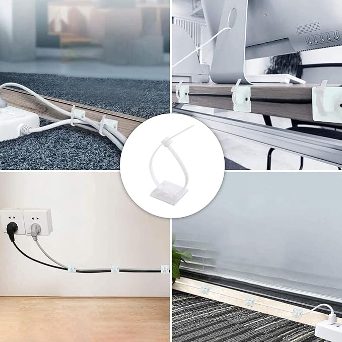 100 Set Cable Zip Tie Self Adhesive Mounts Kit with 6" Zip Ties, 3/4" Wire Holders Squares, Screws - Sticky Wire Fasteners Cable Clips Management Anchors Organizer - White