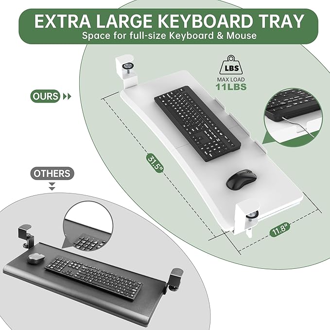 UPGRAVITY Extra Large Keyboard Tray Under Desk - Slide Out with Sturdy C-Clip Mount System, 31.5" (35.8" Including Clamps) x 11.8" Put-Out Keyboard Tray Computer Drawer for Ergonomic Typing, White