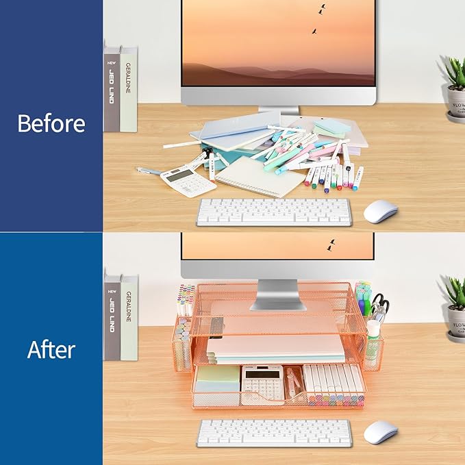AUPSEN Computer Monitor Stands Riserï¼?-Tier Desk Organizers and Accessories, Office Desk Accessories Organizer with Drawers and 2 Pen Holder for Office Supplies (Rose Gold)