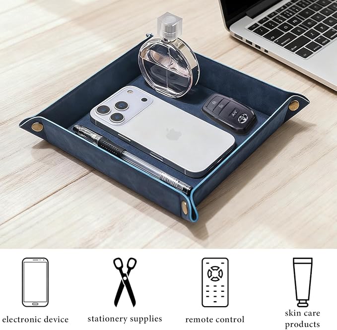 Valet Tray Desktop Storage Organizer – Premium PU Leather Catchall Bedside Vanity Tray Nightstand Caddy Holder for Remote Controller, Keys, Phone, Wallet, Coin, Jewelry,Blue