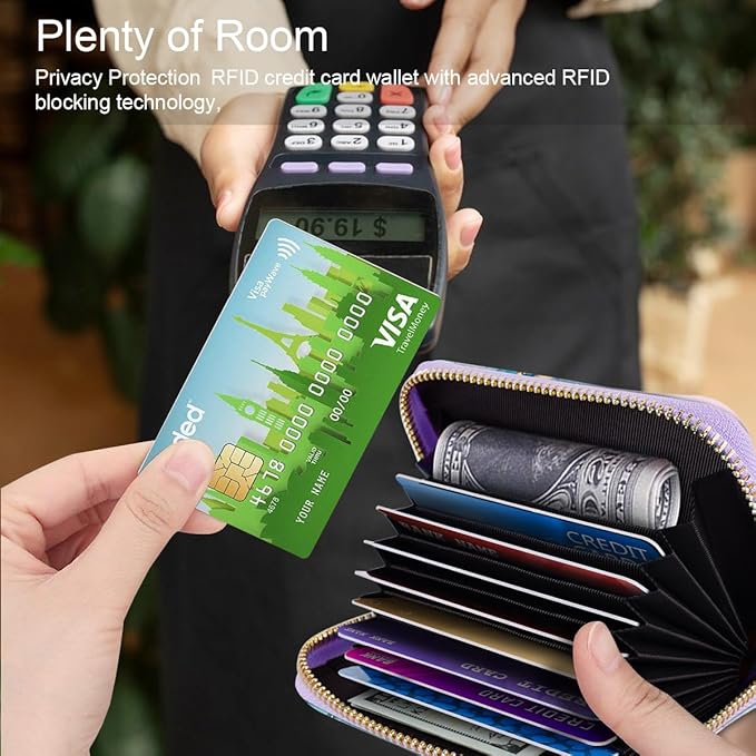 Coco Rossi Leather Credit Card Wallet for Women, RFID Blocking Zipper Cards Holder with Tassel, Gradient Marble