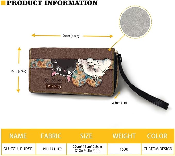 Bulopur Custom Name Wallet for Women Zip Around Clutch Purse PU Leather Waterproof Travel Wallet Passport Holder Ladies Handbags Gifts for Cat Lovers