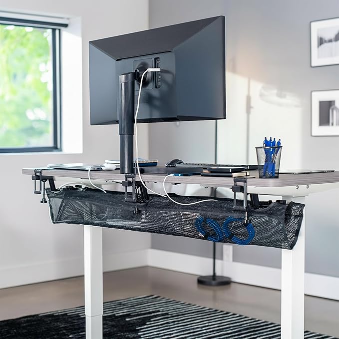 VIVO No Drill Clamp-on 55 inch Mesh Net Under Desk Cable Management Wire Organizer, Adjustable Home Office Standing Desk Cord Storage Sleeve, Black, DESK-AC55MH
