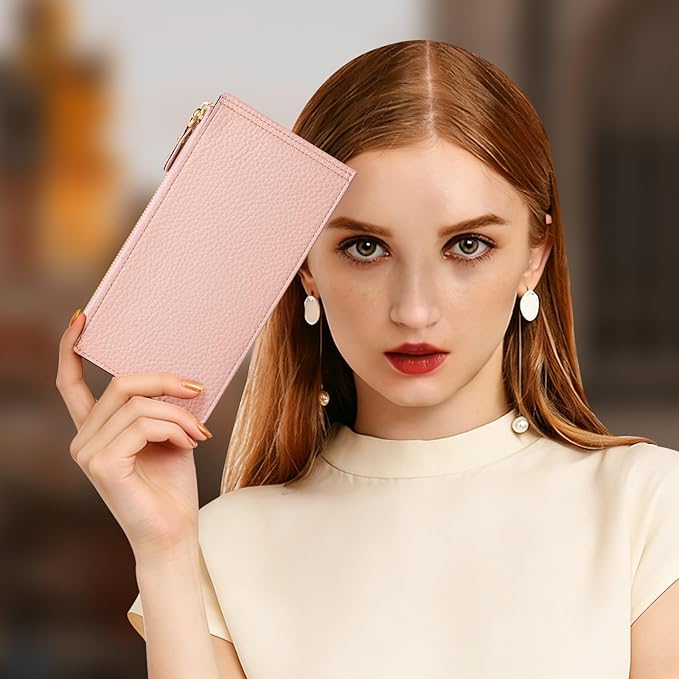 Women's Wallets - Slim Bifold RFID Blocking Wallet Leather Ladies Multi Card Holder Wallet with 2 Zipper Pocket (Pink)