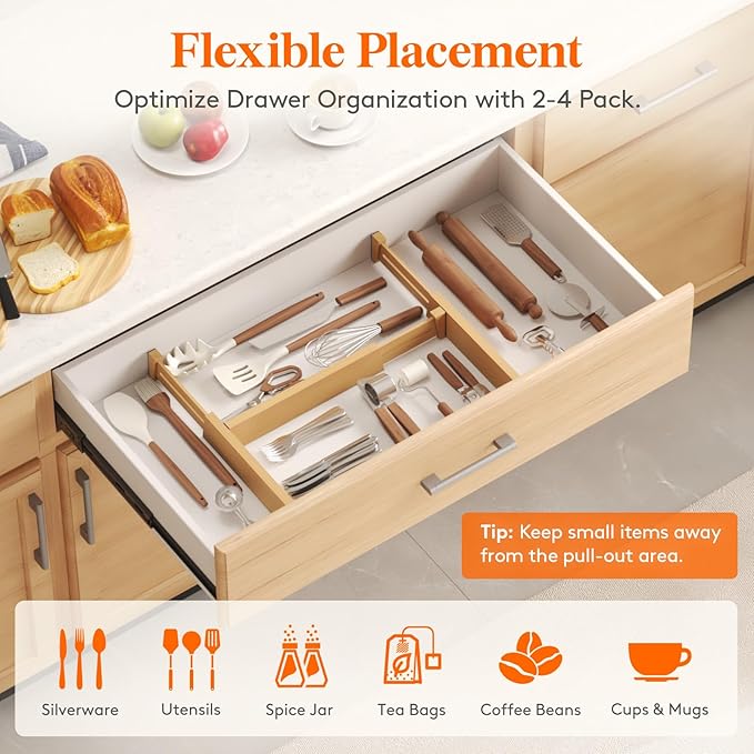 Lifewit 2.4" High 6 Pack Bamboo Drawer Dividers 33-42cm/13-16.5" Adjustable Wooden Drawer Organizer for Clothes/Utensils, Expandable Drawer Separator for Dresser/Kitchen/Bedroom/Office Organization