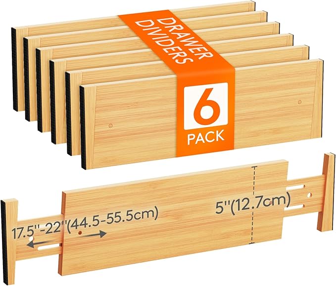 Lifewit 5" High 6 Pack Bamboo Drawer Dividers 45-55cm/17.5-22" Adjustable Wooden Drawer Organizer for Clothes/Utensils, Expandable Drawer Separator for Dresser/Kitchen/Bedroom/Office Organization