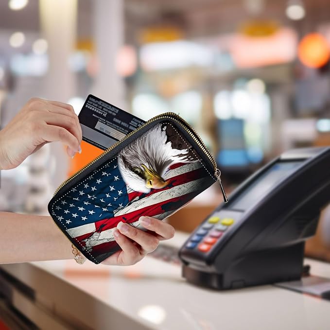 Wallet,Leather Long Wallet Suitable For Ladies And Teenagers - Detachable Wristband + RFID Travel Wallet With Card Slot - Bald Eagle American Flag