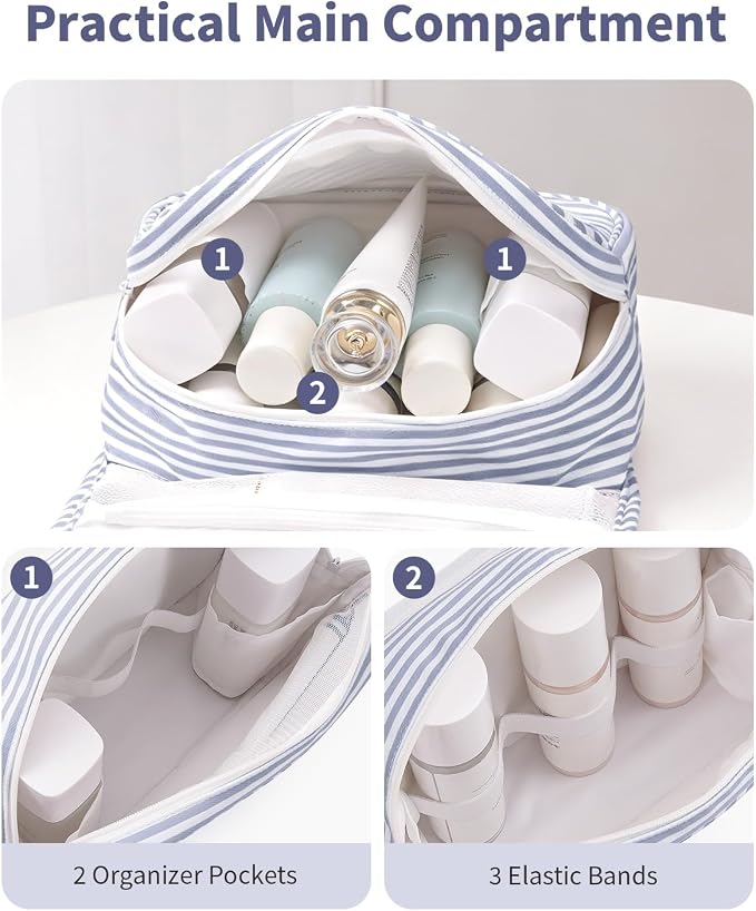 Narwey Small Hanging Toiletry Bag for Travel Women Girl, Striped Toiletries Travel Bag with Hook, Hanging Makeup Bag Organizer Make Up Cosmetic Bags, Gifts for Kids Teen (Greyish Blue Stripe)
