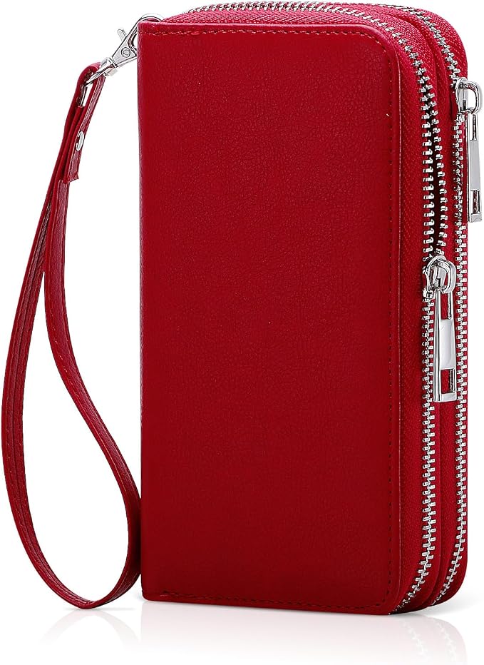 Cellphone Wallet for Women Dual Zipper Long Purse with Removable Wristlet