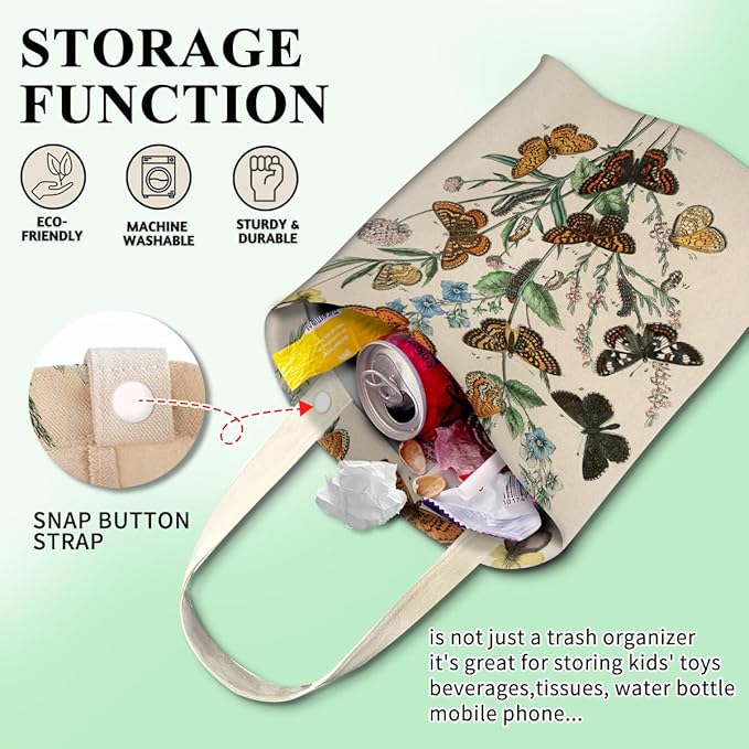 Car Trash Can, Cute Car Trash Bag, Hanging Car Organizer and Storage Bag, Trash Bin for Car Accessories, Vehicle, Travelling, Camping Vintage Butterfly Leaf