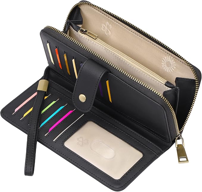 GAEKEAO Wallet for Women Clutch RFID Blocking Wristlet Leather Purse Large Capacity Credit Card Holder with Grip Hand Strap