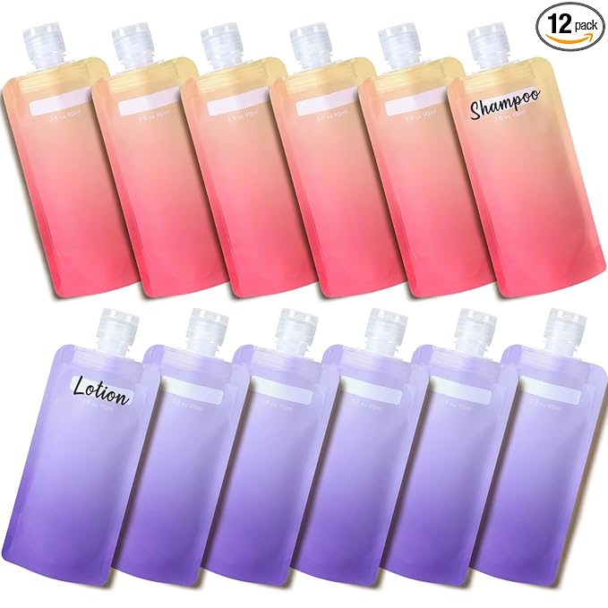 PACKISM 12 Pack Travel Pouches for Toiletries - 3 oz Leak Proof TSA Approved Liquid Containers, Squeeze Bags for Shampoo Lotion, Space Saving Refillable Carriers, Gradient Purple Cherry Yellow