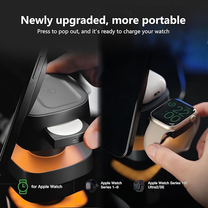 【2026 Upgraded】4 in 1 Wireless Charger, 3 in 1 Wireless Charging Station with Night Light for MagSafe Charger, 15W Magnetic Travel Stand for iPhone17/Air/Pro/Max/16/15/14, Apple Watch, Airpods (Gray)
