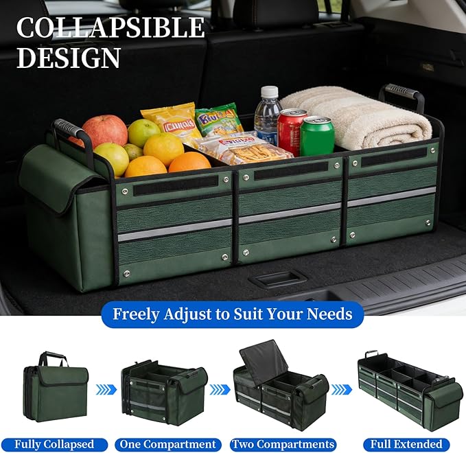 Collapsible Trunk Organizer for Car with Insulated Leakproof Cooler Bag, 3 Compartments SUV Cargo Organizer w/Removable Dividers, 5-in-1 Storage w/Foldable Lid & 2 Tie-Down Straps (Green)