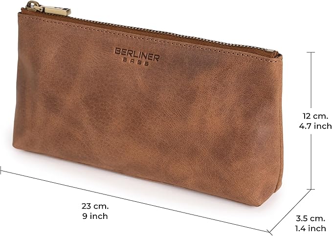 BERLINER BAGS Vintage Genuine Leather Makeup Bag Anna, Cosmetic Bag for Purse, Travel and Cosmetics Pouch with Zipper for Women- Brown