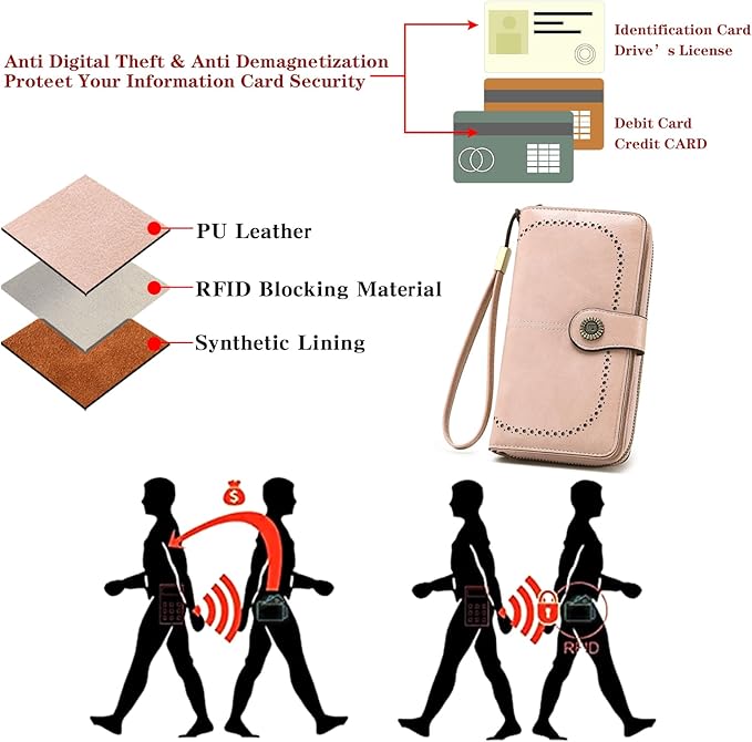 RNIEGA Womens Wallet Leather Billfold RFID Blocking Credit Card Holder Wristlet Wallets for Women Ladies Purses with Zipper Coin Pocket