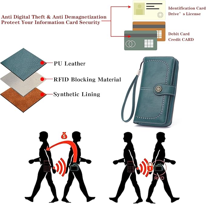 RNIEGA Womens Wallet Leather Billfold RFID Blocking Credit Card Holder Wristlet Wallets for Women Ladies Purses with Zipper Coin Pocket