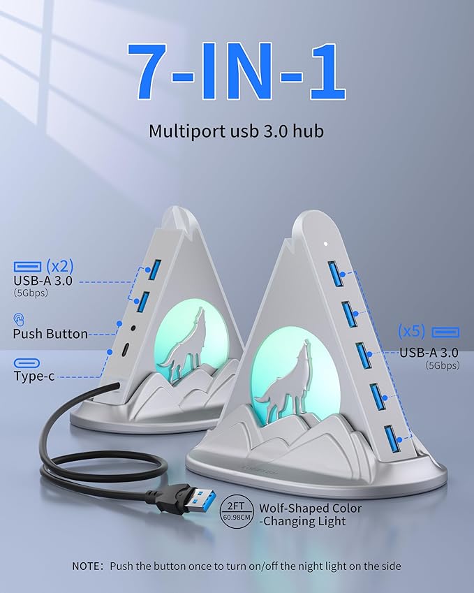 USB Hub 3.0, 7-Port USB Hub with RGB Night Light and Base, Vertical USB a Splitter for Desktop,Laptop, MacBook, Xbox, PS4/5, Game Console, Flash Drive, XPS, PC, Printer, Camera, Keyboard (Silver+Base)