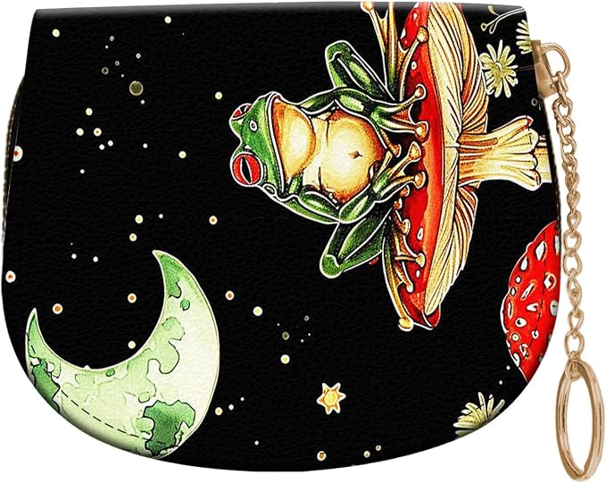Women's Slim RFID Wallet – Compact Leather Card Holder Wallet for Women, 9 Card Slots RFID Blocking Credit Card Organizer, Small Travel Wallet - Aesthetic Mushroom Frog