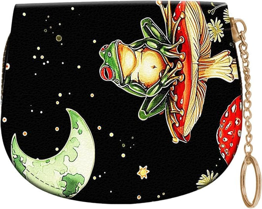 Women's Slim RFID Wallet – Compact Leather Card Holder Wallet for Women, 9 Card Slots RFID Blocking Credit Card Organizer, Small Travel Wallet - Aesthetic Mushroom Frog