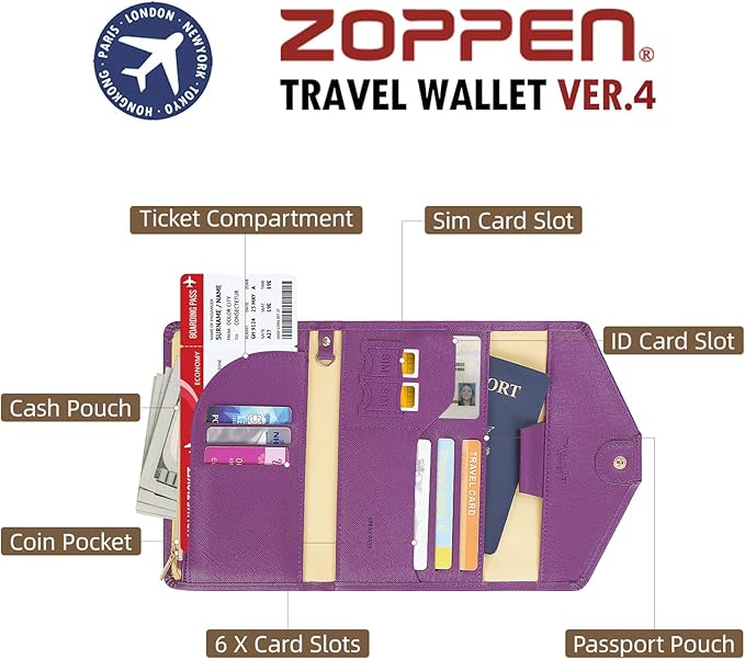 ZOPPEN Mulit-purpose Rfid Blocking Passport Holder Travel Wallet (Ver.4) Passport and Vaccine Card Holder ComboTri-fold Document Organizer Travel Essentials