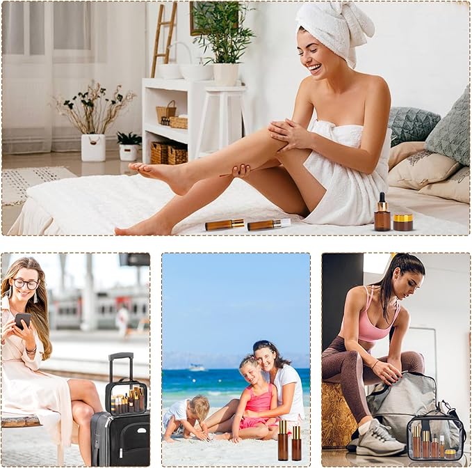 26 Pack TSA Approved Glass Travel Skincare Containers, 2/1.7/1.35/0.7/0.5/0.3oz Refillable Traveling Size Containers with Pump, Jars & Essential Oil Bottle, Leak-Proof for Creams & Liquids