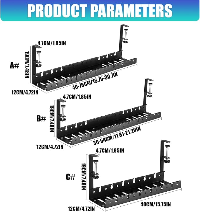No Drilling Extendable Under Desk Cable Management, Metal Cable Tray Under Desk with Clamp, Retractable Power Strip Cord Holder for Wire