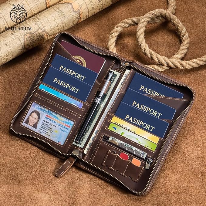 Leather Family Passport Holder RFID Blocking Vintage Zipper Large Capacity Travel Wallet with 6 Passport Slots & Wristlet