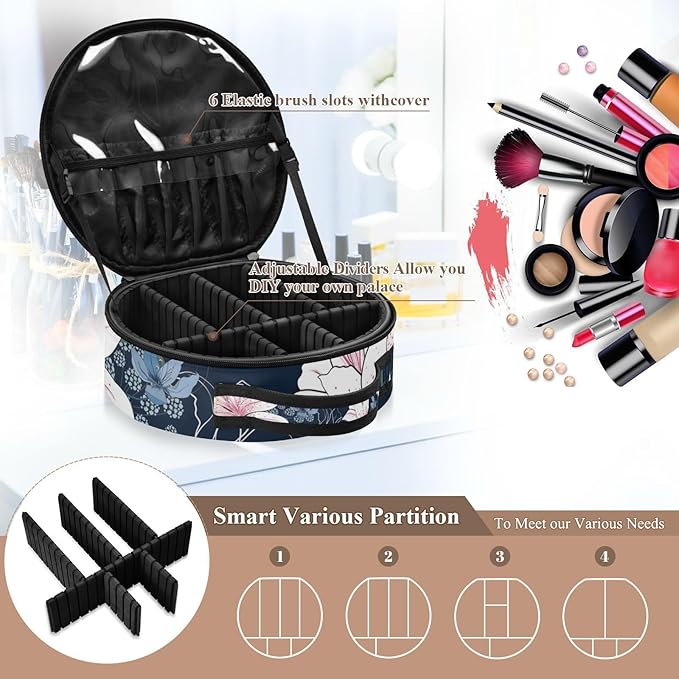 senya Round Cosmetic Pouch Travel Makeup Train Case Vintage Flower Ornament Makeup Organizer Bag with Adjustable Dividers Portable for Cosmetics Makeup Brushes Toiletry Jewelry Accessories