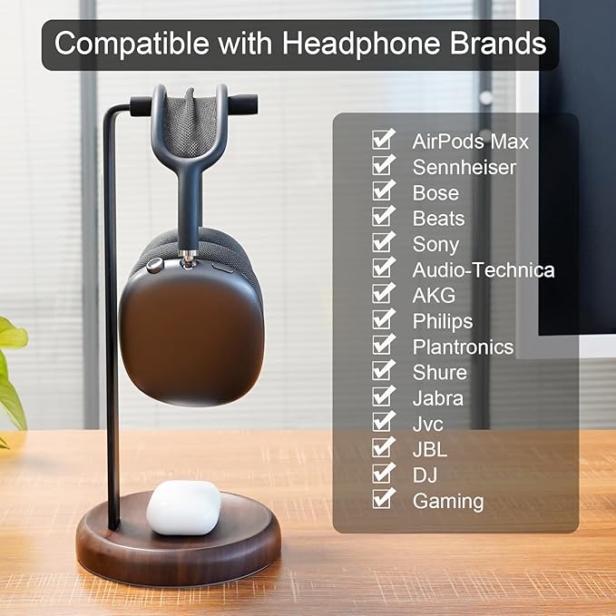 GEVO Headphone Stand for Desk - Walnut Wood & Aluminum Headset Stand, Universal Wooden Gaming Headphone Holder for AirPod Max, Bose, Sony, Razer, Jabra, JBL (Walnut Circular Base)