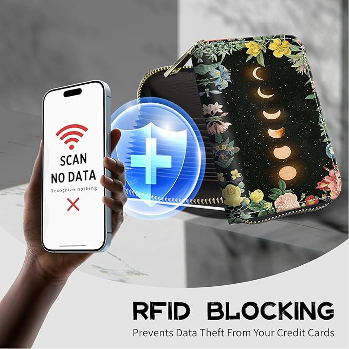 Cute Credit Card Holder with Zipper, Moon Flower RFID-Blocking Card Case Small Wallet for Women Men, Multi-slot Card Organizer Case Travel Accordion Wallet