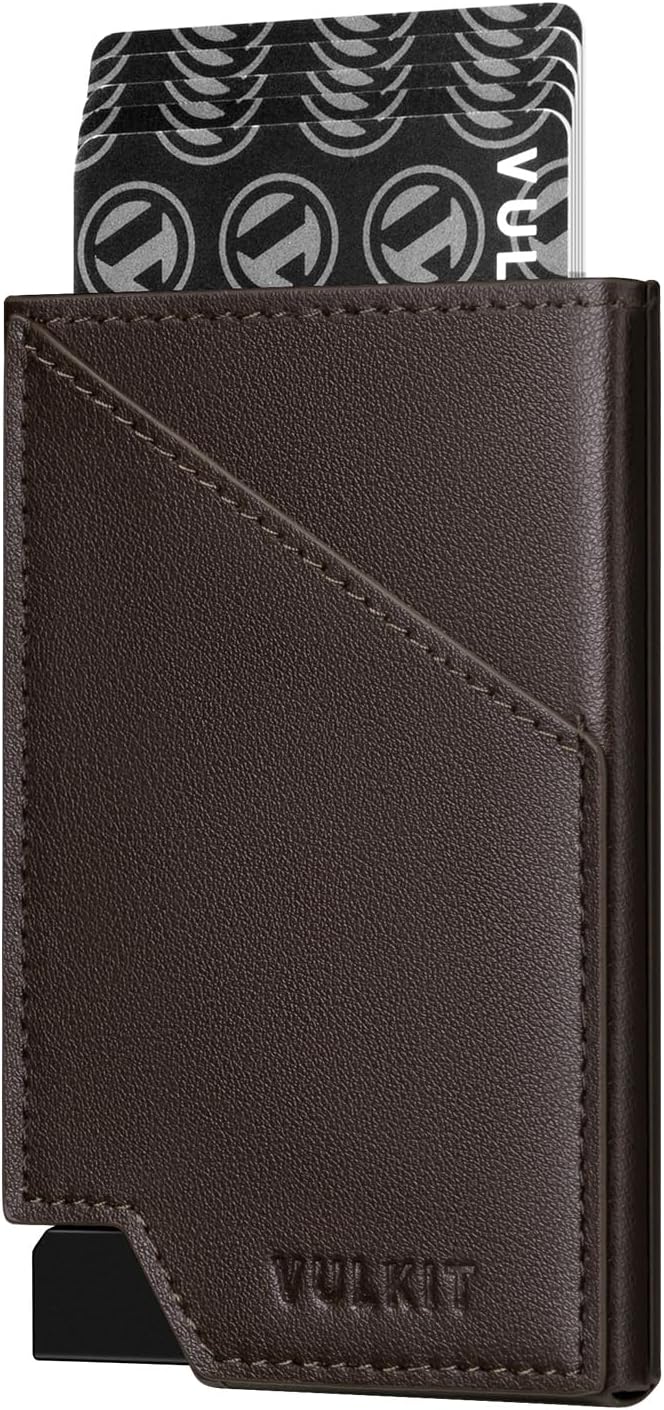 VULKIT Pop up Card Wallet RFID Blocking Slim Aluminum Metal Bank Card Holder Case with Business Money Pocket for Credit Cards Notes and Coins Dark Brown
