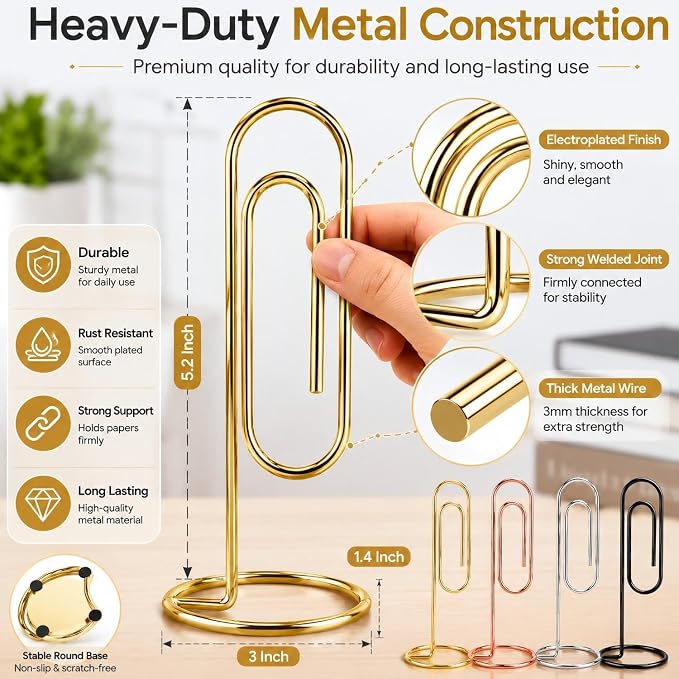 5.2 Inch Desktop Memo Holder, 4 Pack Jumbo Metal Desk Paper Clip Organizer for Office Table, Place Card, Bills, Photos, Table Numbers, Multi-Purpose Document Stand Accessory