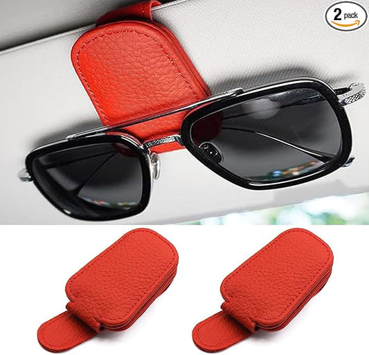 Sunglass Holder for Car, Magnetic Leather Sunglasses Clip for Car Visor, Eyeglass Hanger Clip for Car Sun Visor (Red 2 Pack)
