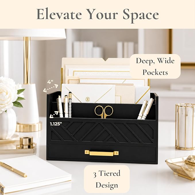 BLU MONACO | Wooden Mail Organizer with Drawer and Gold Handle | Mail Sorter Organizer Countertop for Desk | Outgoing Mail Holder and Letter Sorter for Desk Storage