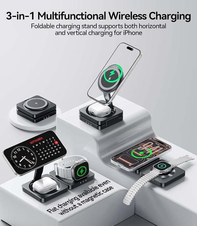 Wireless Charger for iPhone, 3-in-1 Magnetic Charging Station for Apple Device, MagSafe Charger Stand for iPhone 17 16 15 14 13 12 Series, Apple Watch Ultra, Airpods Pro, Foldable, Black