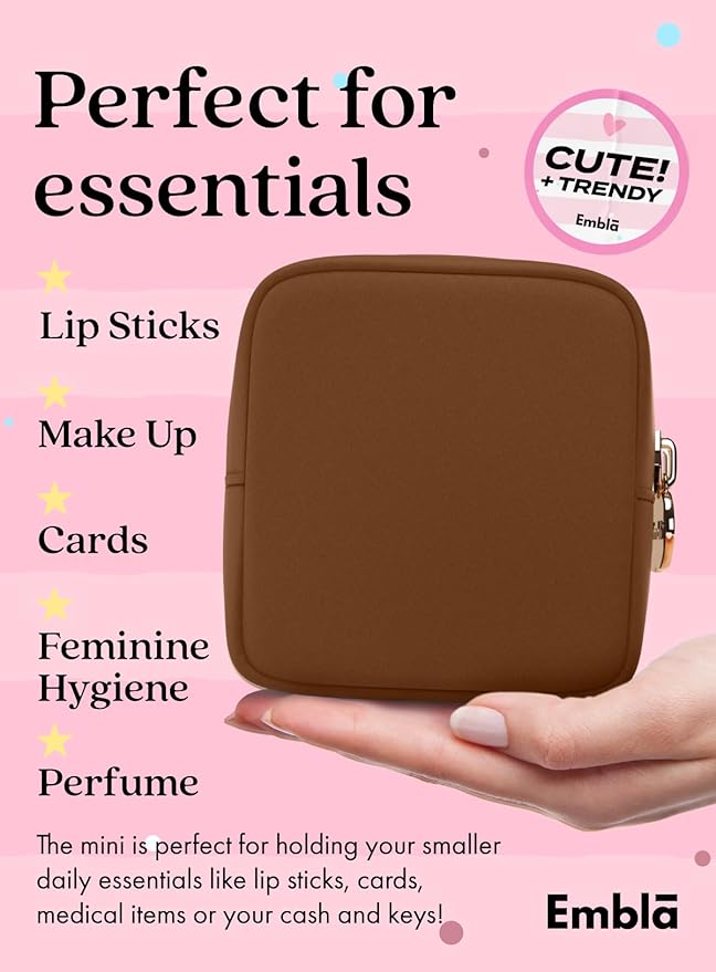 Embla Makeup Bag Travel Cosmetics Pouch and Toiletry Bag, Nylon Zipper Pouch Purse, Cute Make Up Organizer Storage Tote for Women Girls, Waterproof Travel Skincare Case, Small Makeup Bags, Chocolate