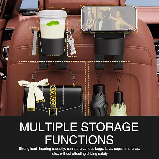 2 Pack Car Seat Headrest Hook with Cup Mount, 3 in 1 Multifunctional Vehicle Storage Hook Replacement, Universal Waterproof Automotive Organizer Accessories for Truck SUV Car (Black)