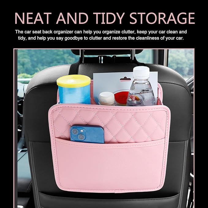Car Seat Back Organizer, Multipurpose Car Organizer Hanging, Waterproof PU Leather Auto Backseat Storage Bag, Travel Essentials Accessories, Universal for Vehicles, Sedan, SUV (Pink)