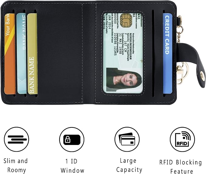 Airkit Small Wallets Woman RFID Blocking Leather Credit Card Holder - with ID Window - Card Wallets for Women - with Zipper Coin Purse - Keychain Wallet