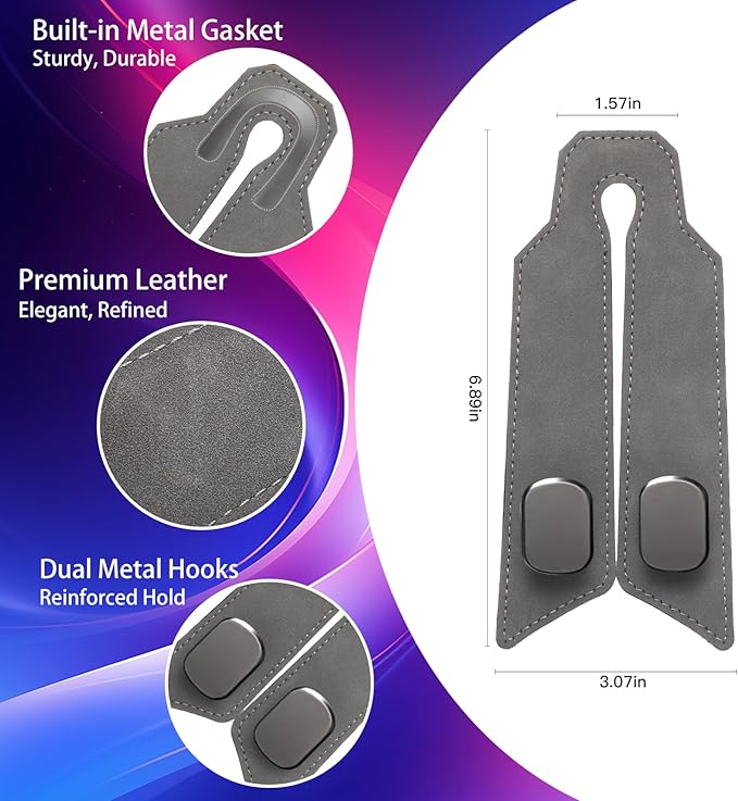 2Pcs Car Headrest Hooks with Premium Leather, Upgraded Double Metal Hooks with Anti-Drop Design, Universal Back Seat Hanger for Bags, Coats, Purses and Groceries (Classic Gray)