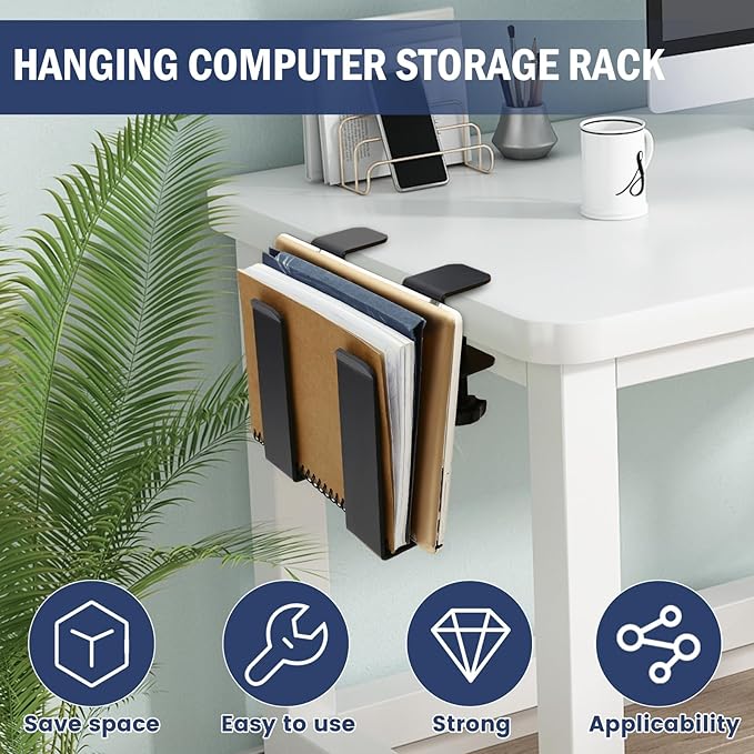 Desk Side Storage Organizer, Desk Side Laptop Mount, Punch-Free Clamp, No-Drill Clamp on Desktop Holder, Hanging Notebook Organizer for Office Home