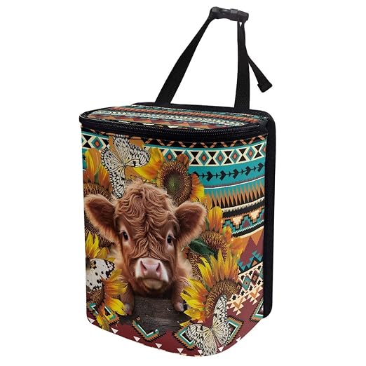 Biyejit Aztec Tribal Cow Leak-Proof Travel Car Trash Bag, Large Capacity Hanging Car Trash Can with Velcro Lid, Multipurpose Trash Bin with Storage Pockets for SUV Truck RV Camping